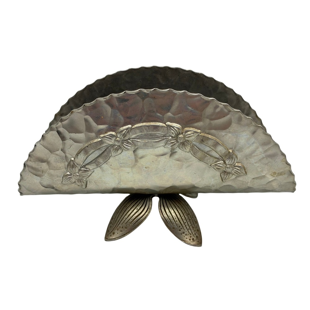 Vintage Hammered Aluminum Napkin Holder Floral Relief Scalloped Edge Silver Tone